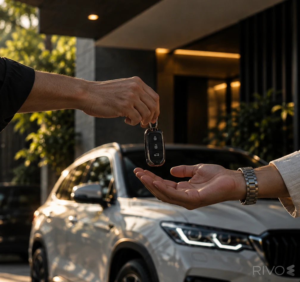 A customer receiving car keys at a sunlit driveway