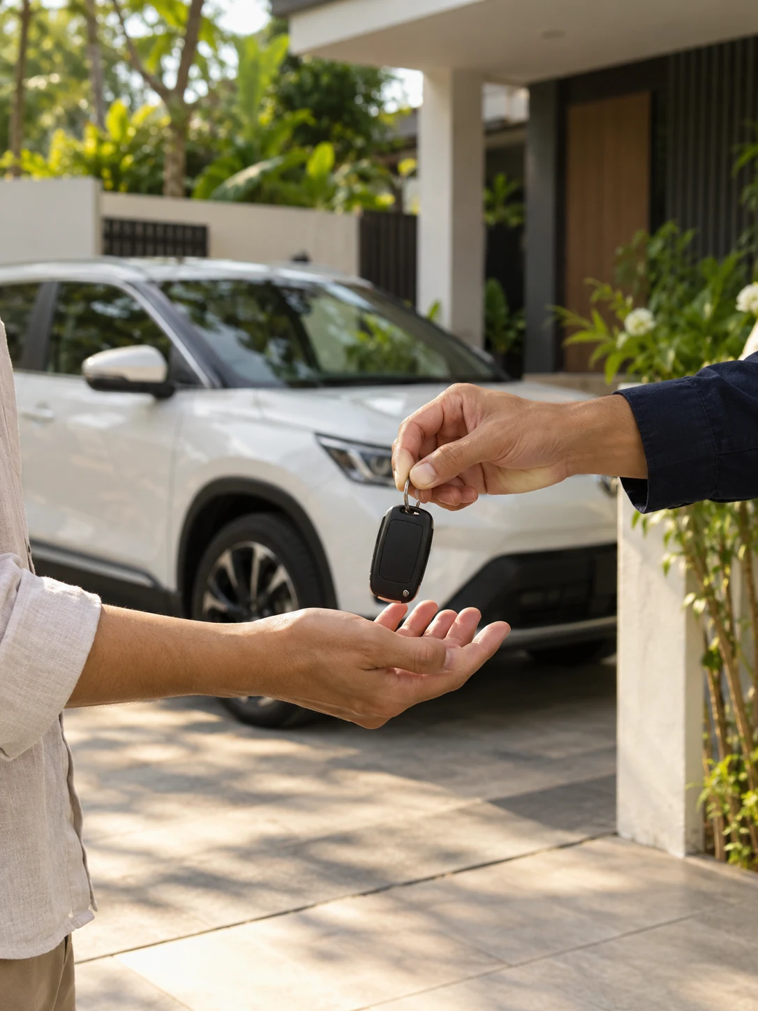 A customer receiving car keys at handover